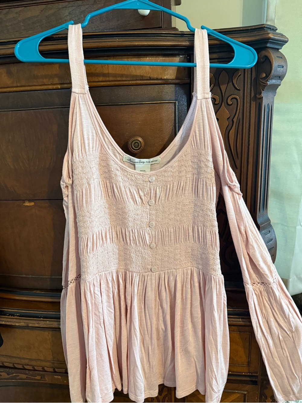 Light Pink Cold-Shoulder Smocked Peasant Top - Women